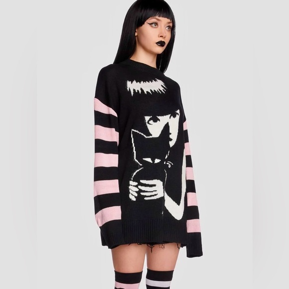 Dolls Kill Emily The Strange Brooding Besties Stripe Knit Sweater Pink Black Cat - Picture 8 of 8